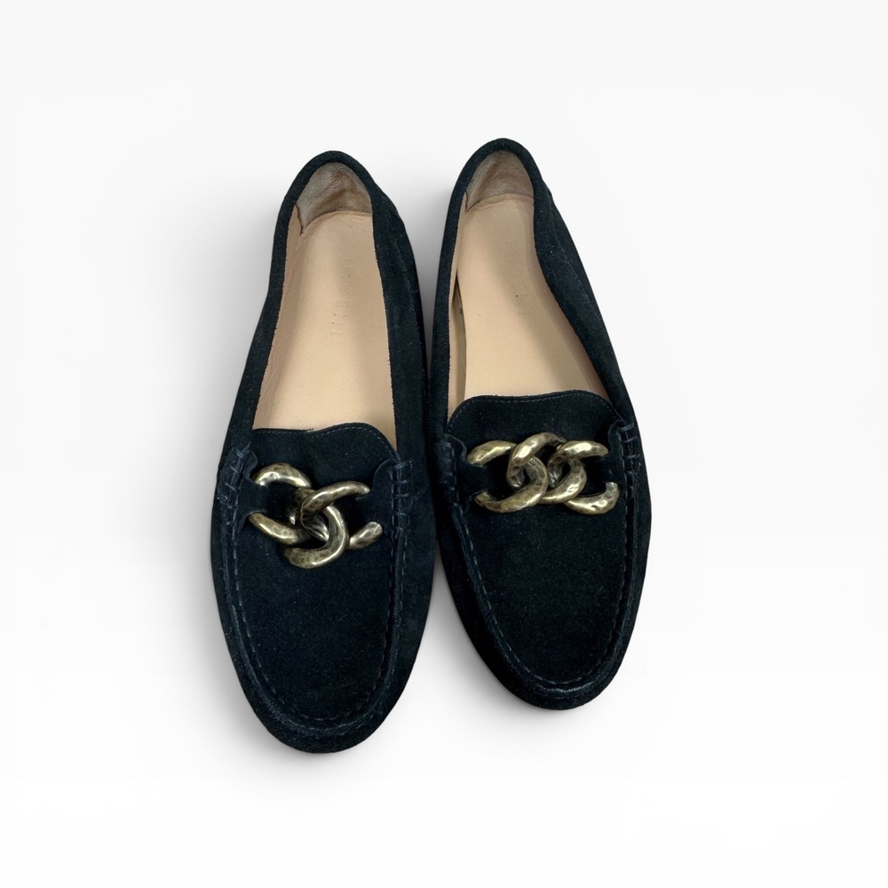 M Gemi Felize Chain Driving Loafers 40 US 9‎ Black Suede Gold Hardware Italy